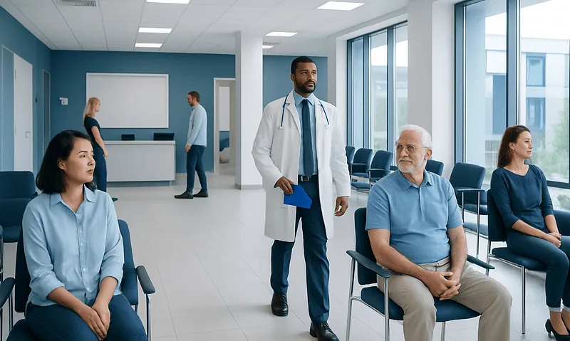Doctor consulting elderly patient in hospital waiting area.