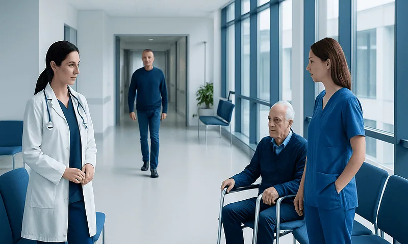 Hospital corridor with medical staff and patient in wheelchair.