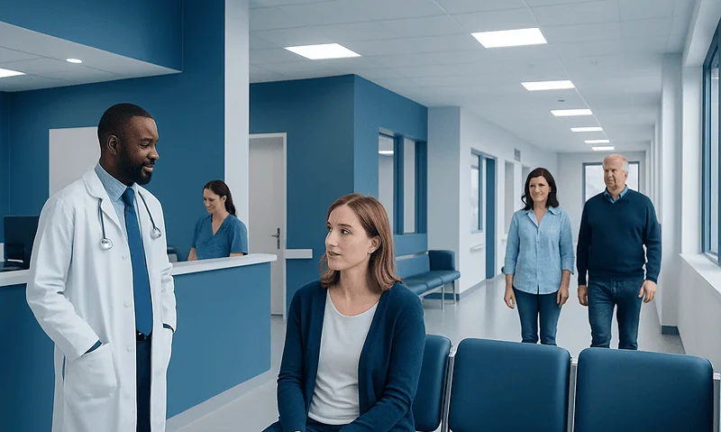 Doctor talking to a patient in a hospital corridor with other staff in the background.