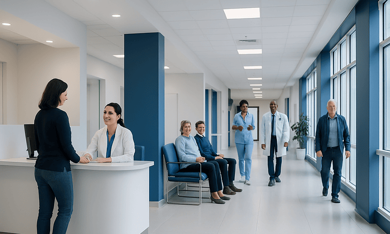 Modern hospital corridor with staff and patients at Acibadem Hospitals Group.