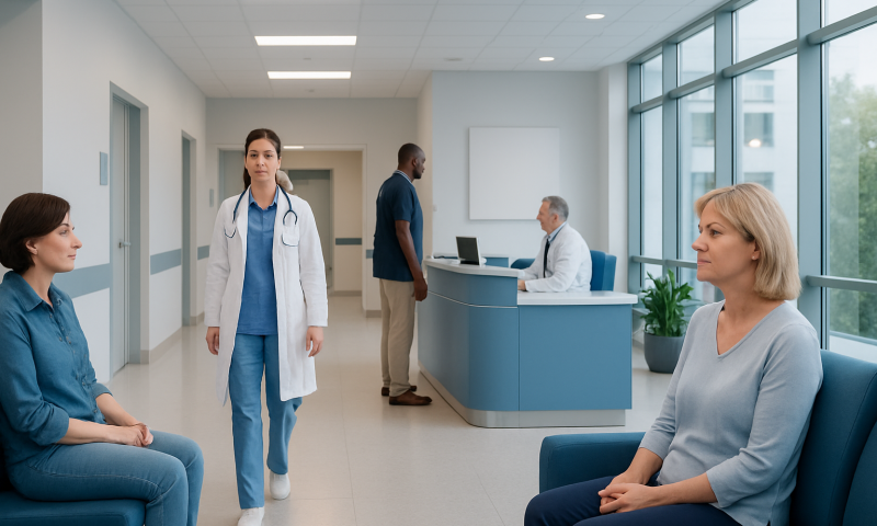Medical consultation in a modern hospital waiting area with healthcare professionals and patients.