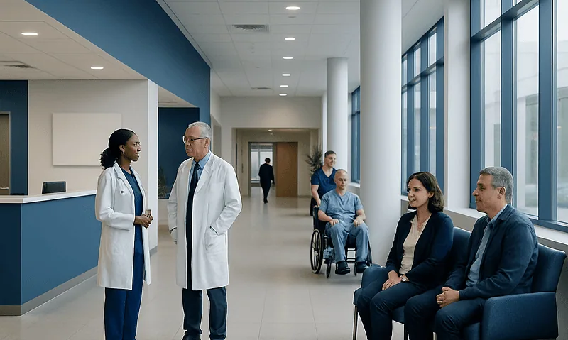 Hospital corridor with doctors and patients engaging in conversation.