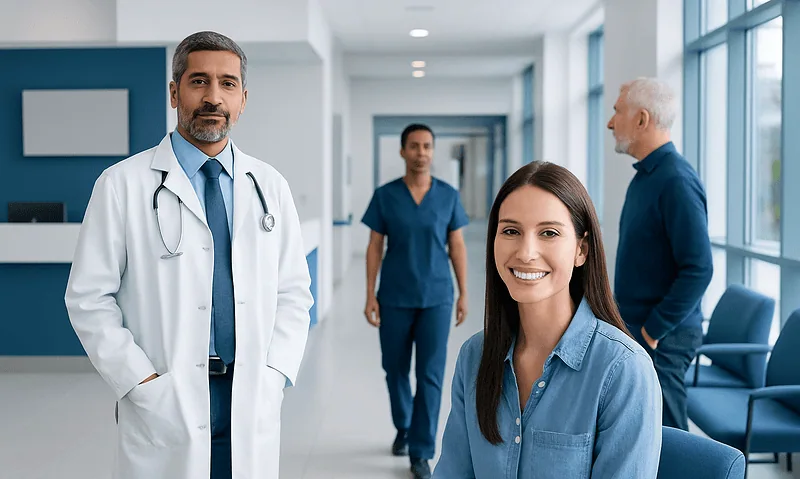 Medical team at Acibadem Hospital with smiling patient in modern clinic.