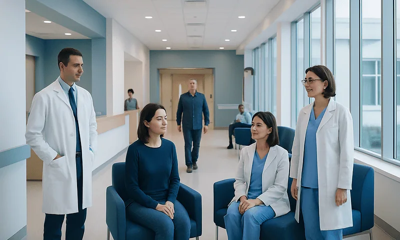 Medical team consulting with patient in hospital corridor.