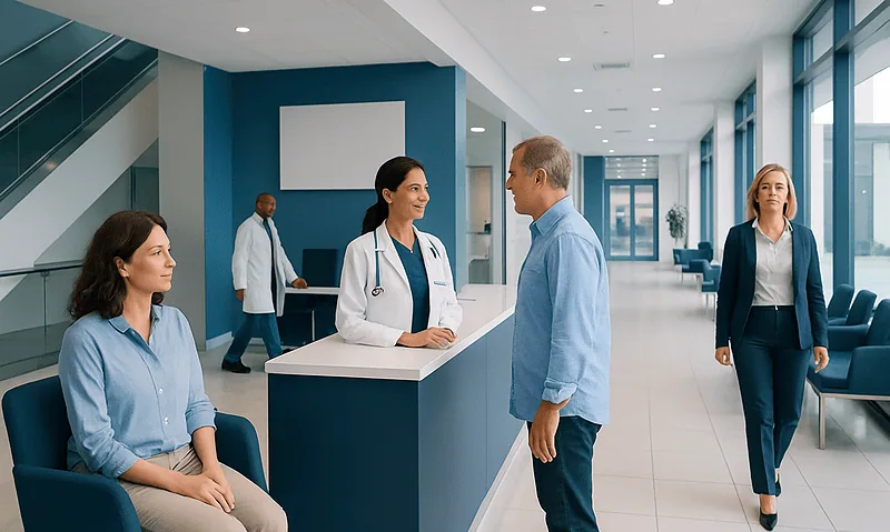 Hospital reception area with staff and patients engaging professionally.
