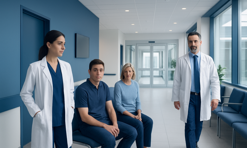 Medical team at Acibadem Hospitals Group with patients in a modern corridor.