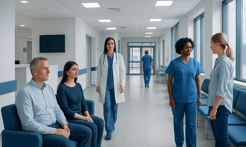 Hospital corridor with medical staff and patients in a modern healthcare facility.