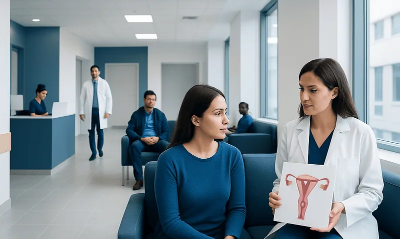 Doctor explaining uterine health to a patient in a modern clinic.