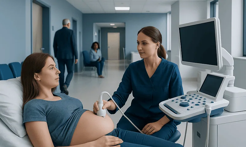 Pregnant woman undergoing ultrasound at Acibadem Hospital.
