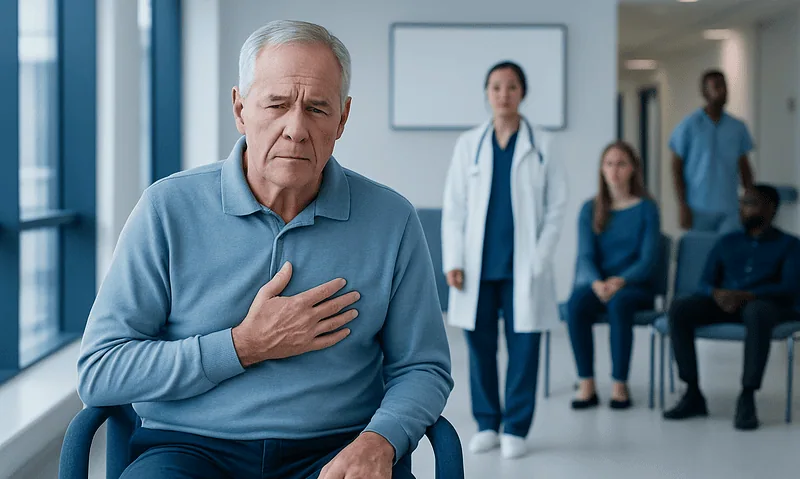 Elderly man experiencing chest pain in a hospital waiting room.