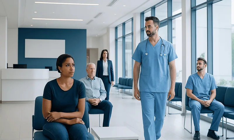 Doctor consulting with patients in a hospital waiting area.