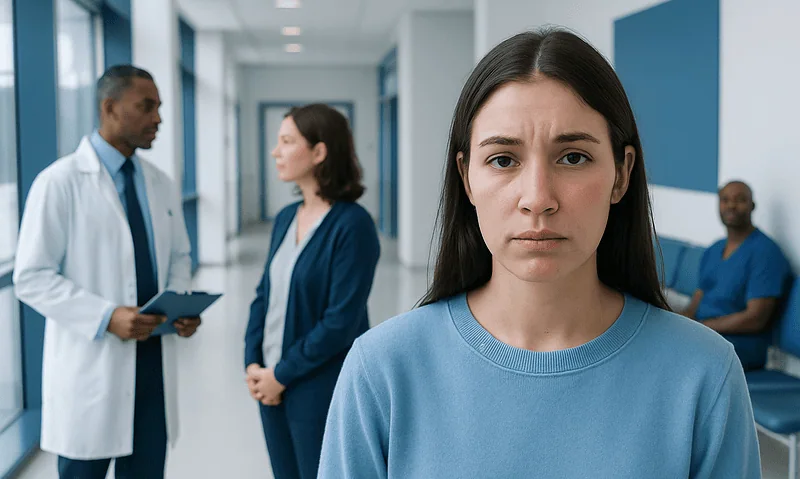 Young woman with worried expression in hospital corridor about nose infection.