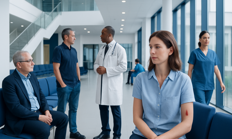 Medical professionals and patient in hospital waiting area.
