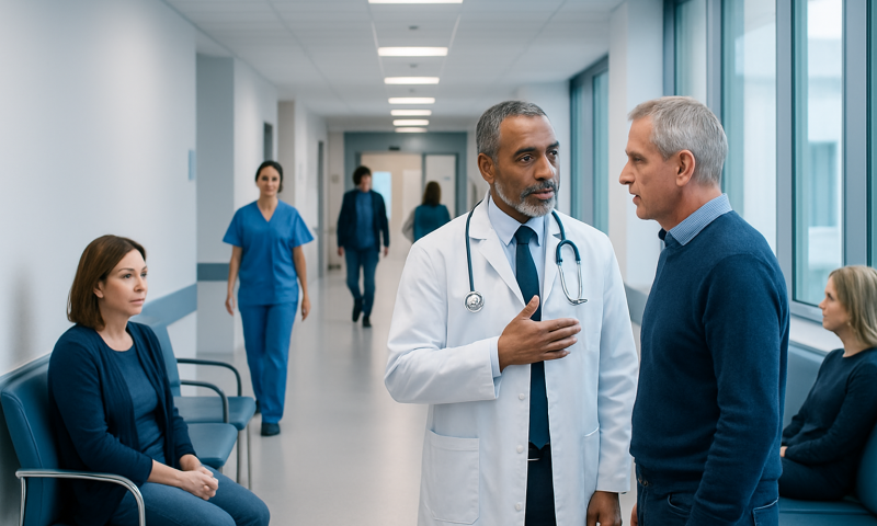 Doctor consulting with patient in hospital corridor with staff in background.