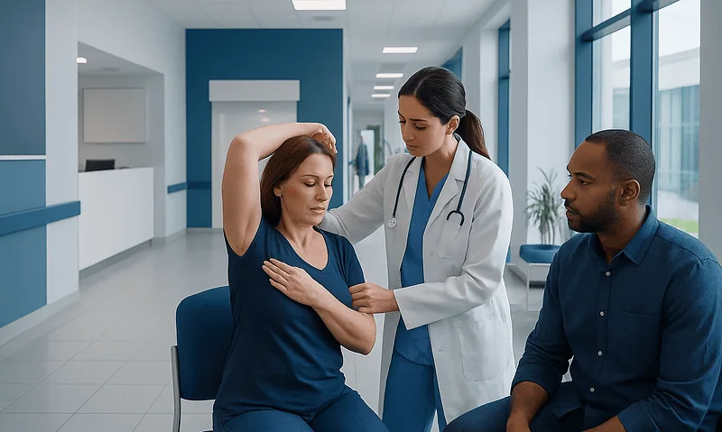 Health Library 4 Doctor examining a woman's armpit in a hospital setting.