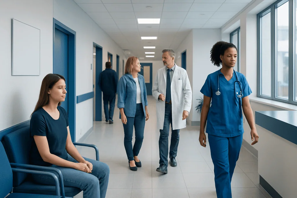 Why Did My Period Come Early? A Doctor-Reviewed Answer 1 Healthcare professionals and patient in hospital corridor at Acibadem Hospitals Group.