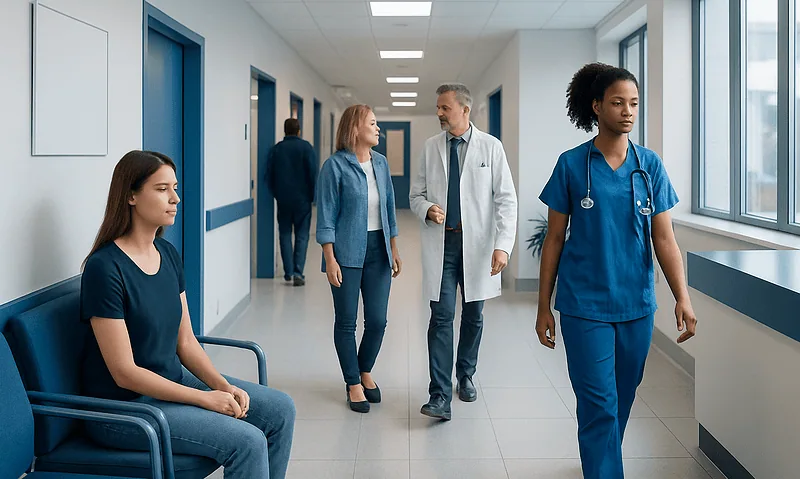 Healthcare professionals and patient in hospital corridor at Acibadem Hospitals Group.