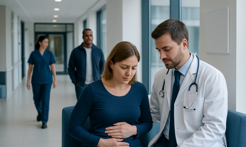 Doctor consulting pregnant woman in hospital corridor.