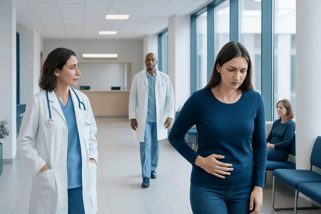 Antibiotics for Colitis: Uses, Dosage, and Side Effects — A Clinical Overview 1 Woman with abdominal pain in hospital corridor with medical staff nearby.