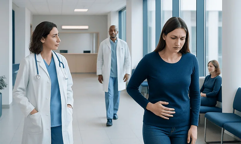 Woman with abdominal pain in hospital corridor with medical staff nearby.