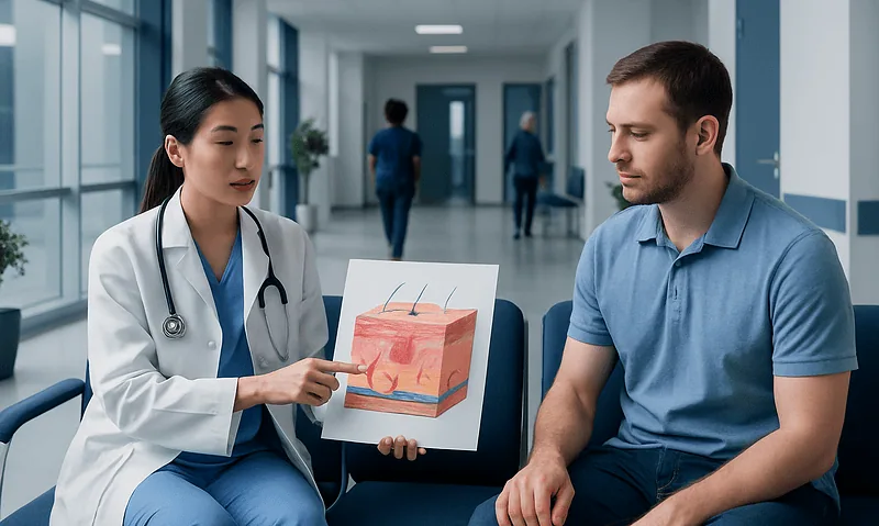 Doctor explaining skin infection to patient in hospital corridor.
