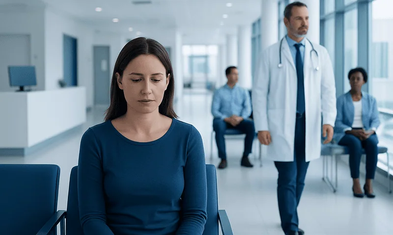 Woman waiting in a medical clinic with healthcare professionals in the background.