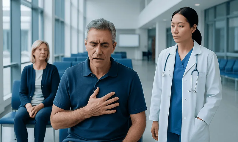 Man experiencing chest pain in a hospital waiting area with medical staff nearby.