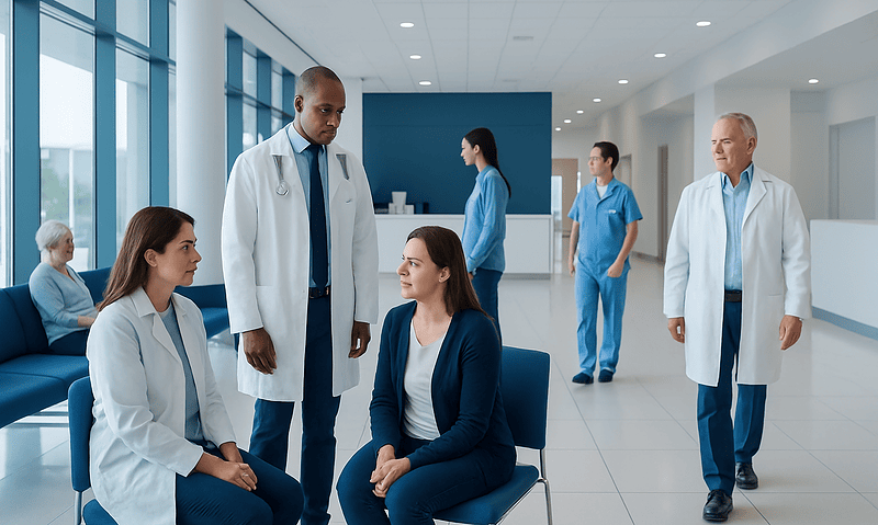 Medical team consulting with patient in hospital waiting area.