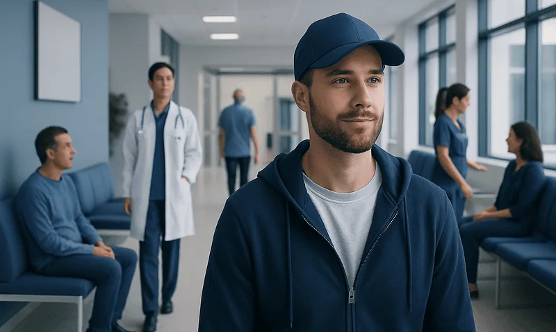 Young man waiting in a hospital corridor after a hair transplant procedure.