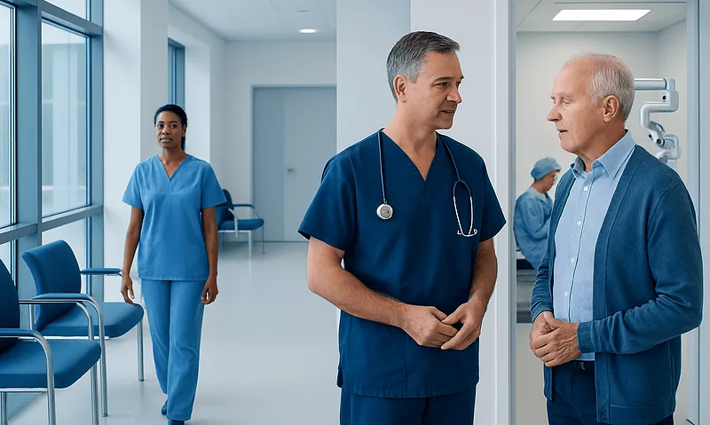Medical professionals discussing patient care in a hospital corridor.