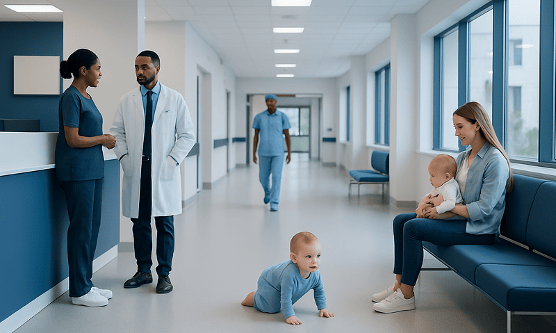 Hospital corridor with medical staff, parents, and babies in a healthcare setting.