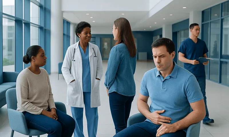 Patients and doctor in a hospital waiting area discussing health concerns.