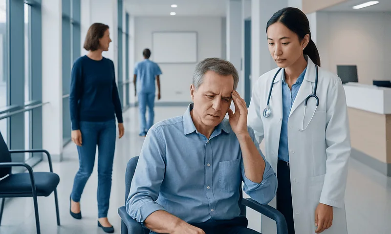 Patient experiencing dizziness during a medical consultation at a hospital.