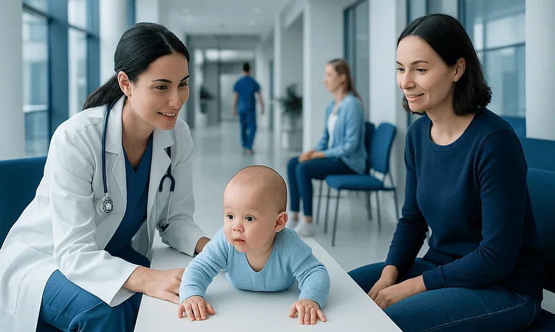 Pediatrician consulting with mother and baby in hospital corridor.