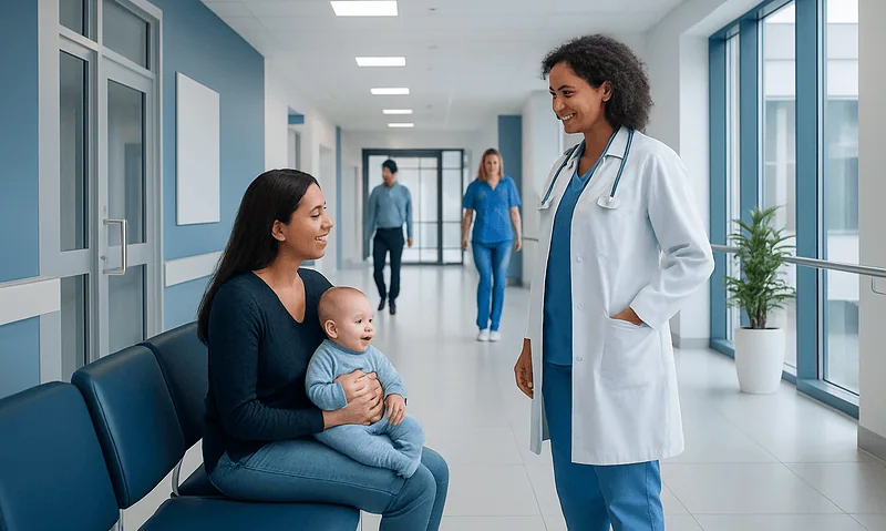 Happy mother and baby talking to a doctor in a hospital corridor.