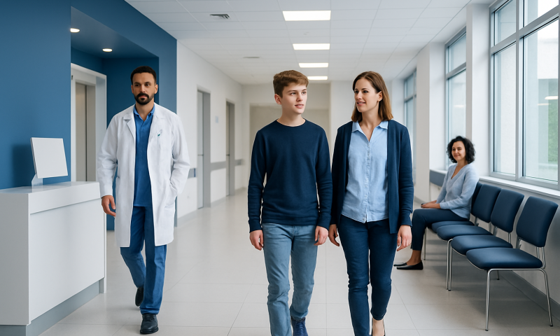 When Do Your Feet Stop Growing? Here Is What the Evidence Says 6 Young boy walking with mother in hospital corridor with doctor nearby.