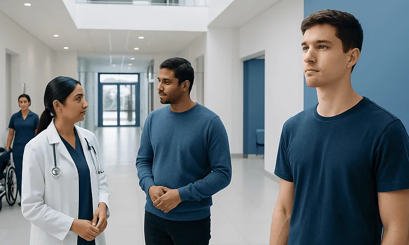 Medical professionals and patients in a hospital corridor at Acibadem Hospitals Group.