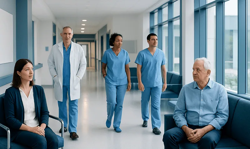 Medical team consulting in hospital corridor with patient.