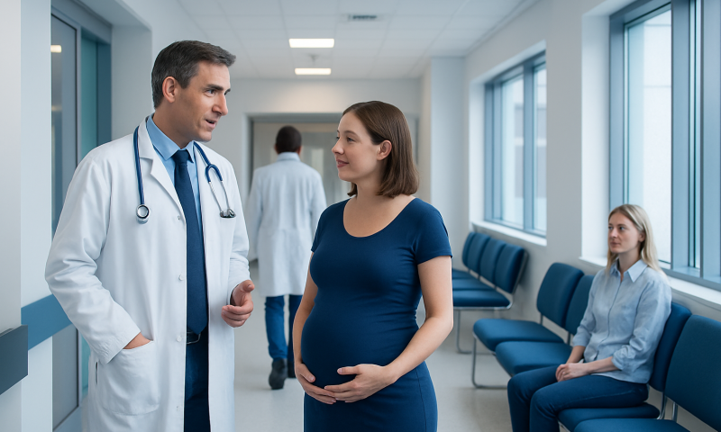Doctor talking to pregnant woman in hospital corridor.