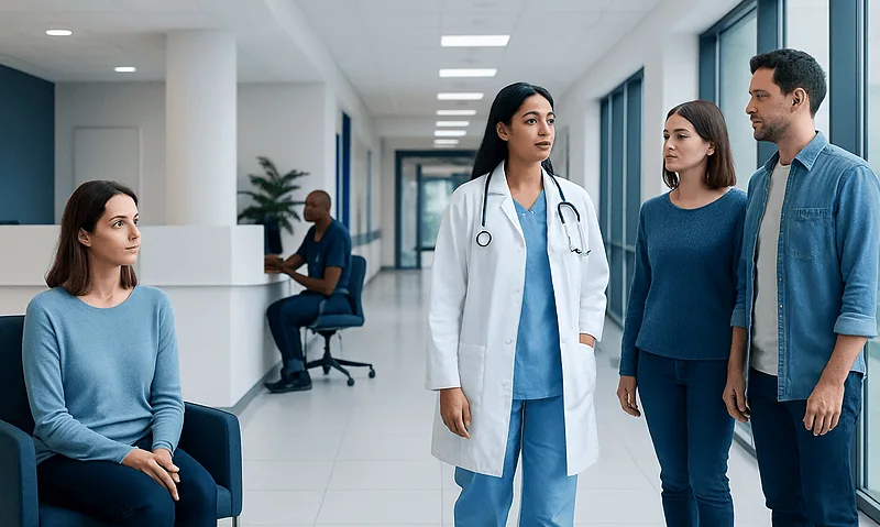 Medical consultation in a modern hospital corridor with healthcare professionals and patients.