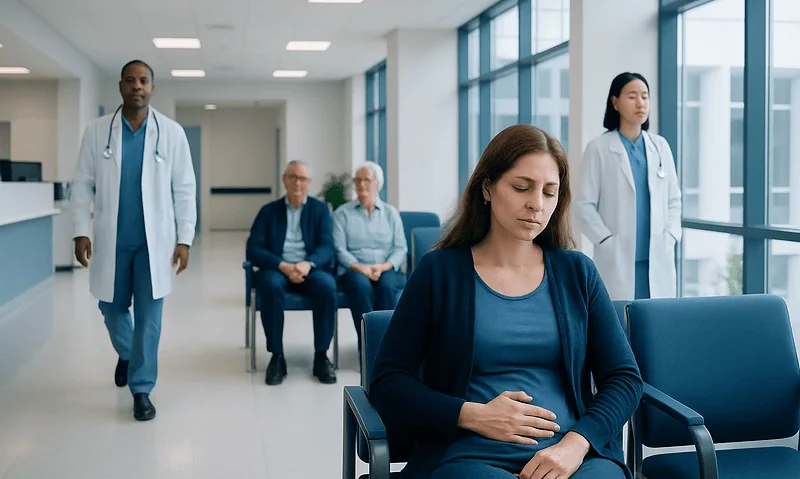 Patient experiencing nausea in hospital waiting area with medical staff nearby.