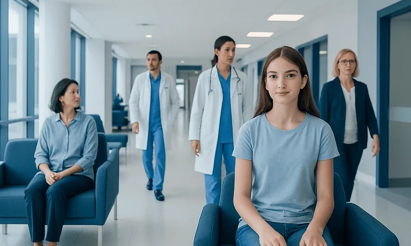 Young girl in hospital waiting area with medical staff in background.