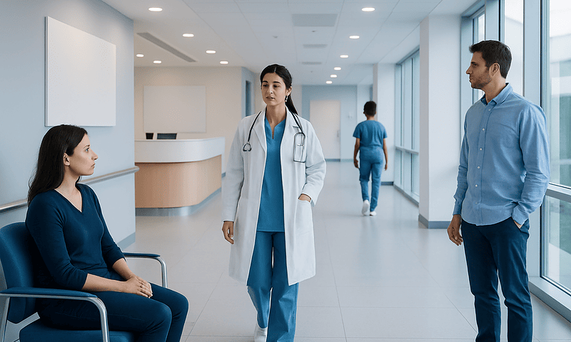 Medical consultation in a modern hospital corridor with a doctor and patients.
