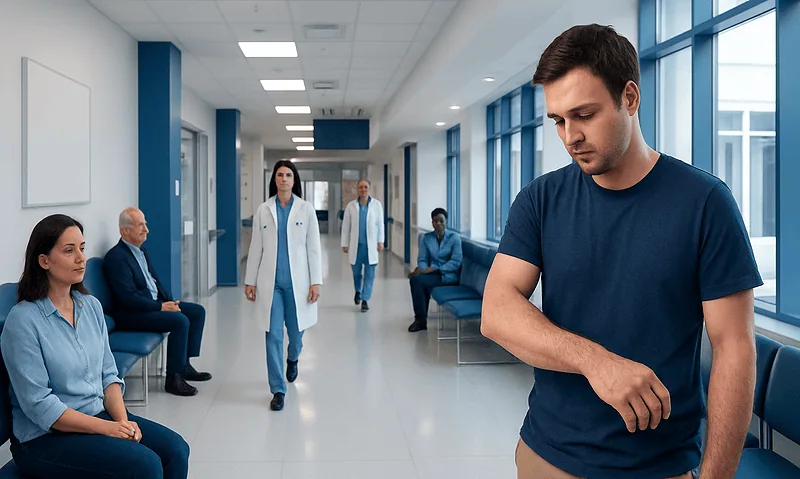 Young man with stomach pain in hospital corridor.