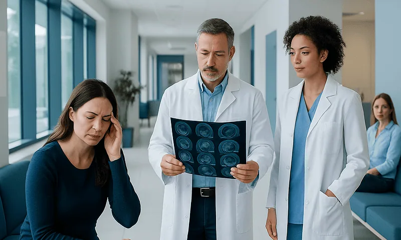 Doctor explaining brain scan results to a patient with headache.