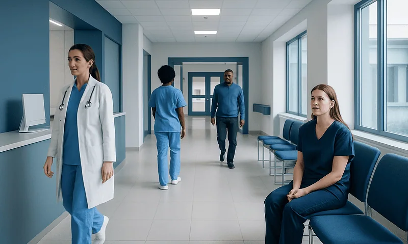 Hospital corridor with medical staff and patient in waiting area.