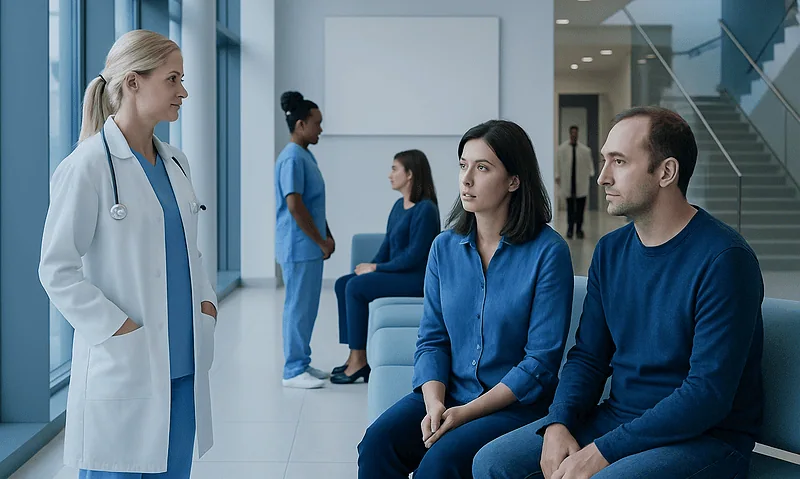 Doctor consulting with patients in a modern hospital waiting area.