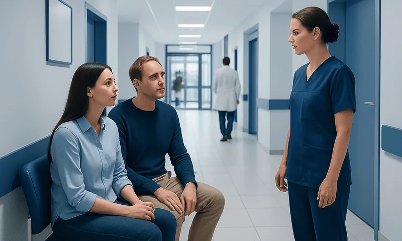 Patients consulting with a healthcare professional in a hospital corridor.