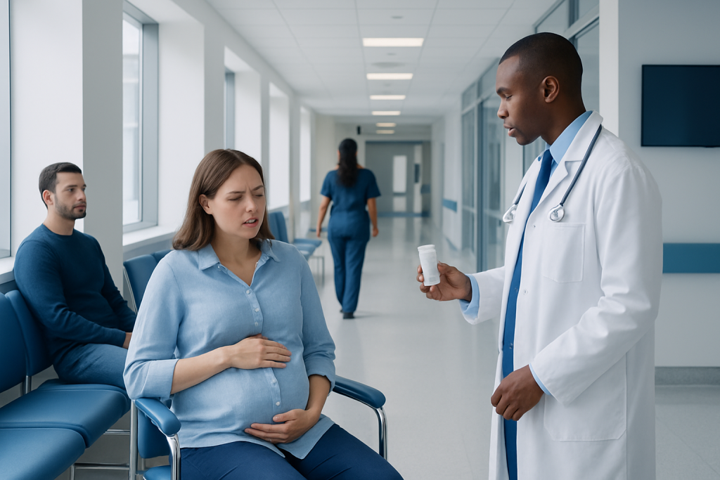 Drugs for Nausea and Vomiting in Pregnancy: Possible Causes and When to Seek Care 1 Doctor consulting pregnant woman in hospital corridor.