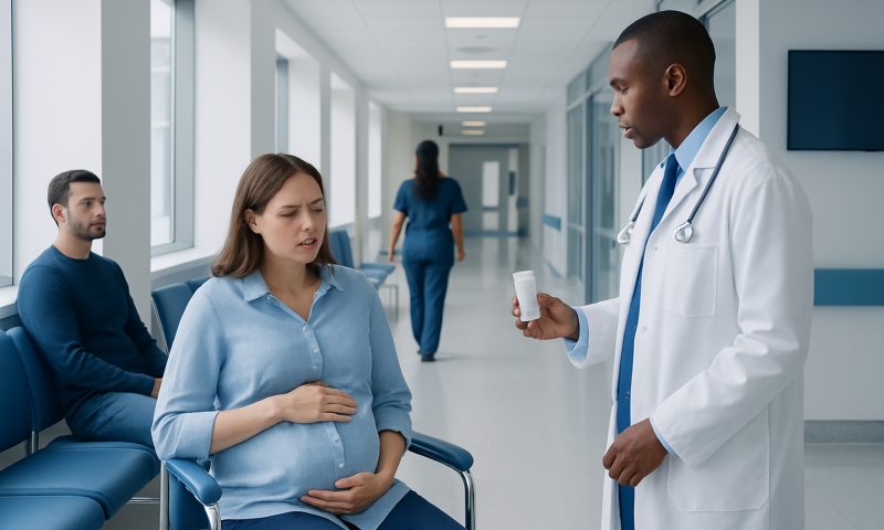 Doctor consulting pregnant woman in hospital corridor.